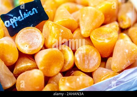 Cone-shaped Belgian sweets cuberdon in Antwerp, Belgium Stock Photo