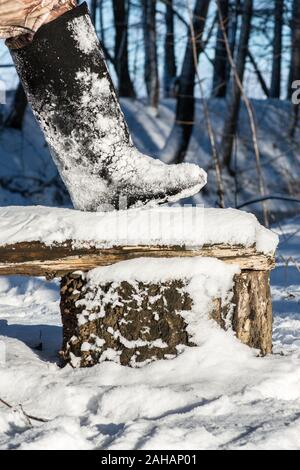 Felt boot in snow on stump Stock Photo