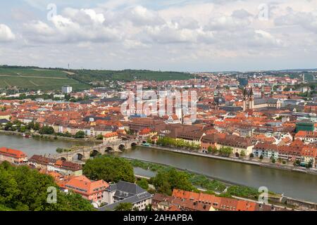 View over the Bavarian city of Würzburg, the Main river,  Old Main Bridge (Alte Mainbrücke), from Fortress Marienberg, Bavaria, Germany. Stock Photo