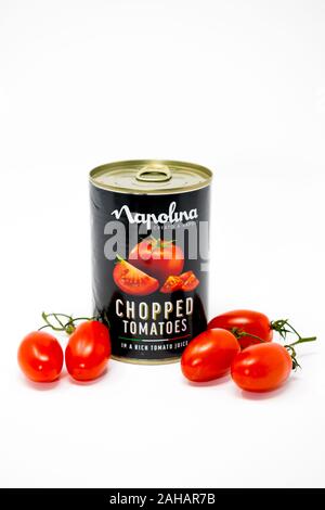 Tin of Napolina chopped tomatoes with fresh on the vine tomatoes. Stock Photo