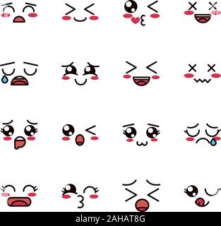 kawaii cute face expressions eyes and mouth icons set vector illustration Stock Vector