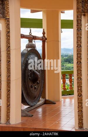 gong in the ancient temple at Kanchanaburi called Wat Tam Sua, Thailand Stock Photo