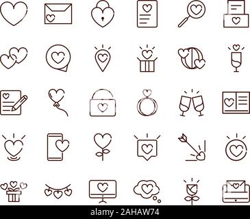 love heart romantic passion feeling related icons collection vector illustration thick line Stock Vector