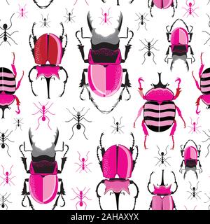 Vector bright seamless pattern with beetles and ants on a white background Stock Vector