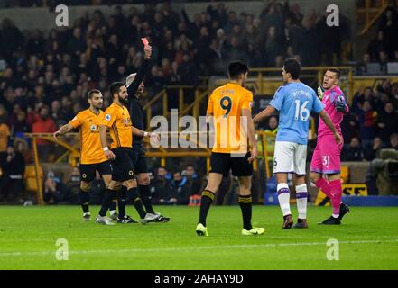 Wolverhampton, UK. 27th December 2019; Molineux Stadium, Wolverhampton, West Midlands, England; English Premier League, Wolverhampton Wanderers versus Manchester City; Manchester City Goalkeeper Ederson receives a red card from Referee Martin Atkinson after a foul outside the box on Diogo Jota of Wolverhampton Wanderers - Strictly Editorial Use Only. No use with unauthorized audio, video, data, fixture lists, club/league logos or 'live' services. Credit: Action Plus Sports Images/Alamy Live News Stock Photo