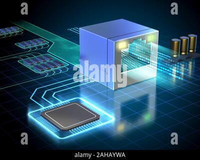 Ethernet port managed by a powerful processor. 3D illustration. Stock Photo