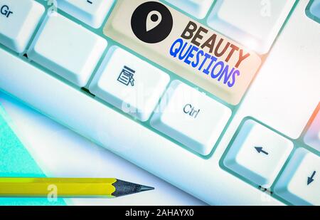 Text sign showing Beauty Questions. Business photo showcasing a sentence or phrase used to find out information Stock Photo