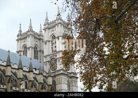 Exterior view of Westminster Abbey West Towers facade in autumn near Parliament Square in London England UK  KATHY DEWITT Stock Photo