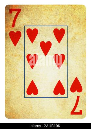 Seven of Hearts Vintage playing card - isolated on white (clipping path included) Stock Photo