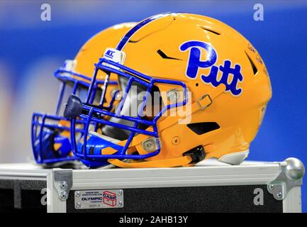 Detroit, Michigan, USA. 26th Dec, 2019. Pittsburgh Panthers helmets lie in wait at the NCAA Quick Lane Bowl game between the Eastern Michigan Eagles and the Pittsburgh Panthers at Ford Field in Detroit, Michigan. JP Waldron/Cal Sport Media/Alamy Live News Stock Photo