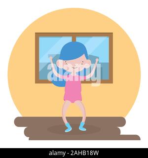 childrens day, little girl in the room with window view city vector illustration Stock Vector