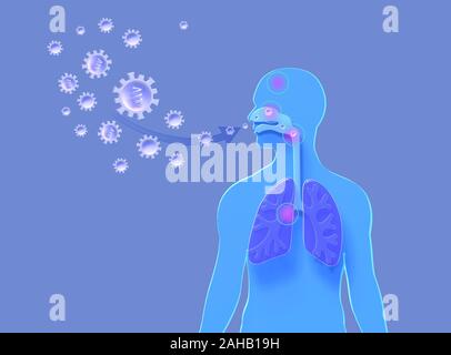 3d illustration of the influenza virus entering the human body causing infection and disease in the nose, throat, brain and lungs. On blue background. Stock Photo