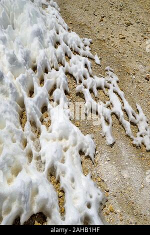 Snow and ice formations, known as Los Penitentes, form a lattice pattern on the ground near the abandoned sulfur mine of Mina Julia, in the high Andean puna desert of Salta province in Argentina Stock Photo