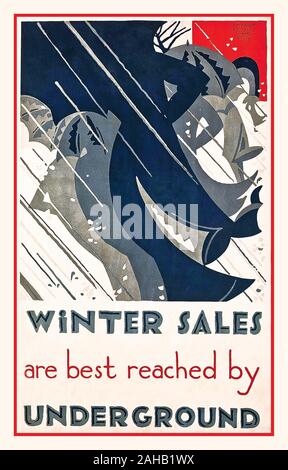 1920's Vintage Sales Poster London UK 'WINTER SALES ARE BEST REACHED BY UNDERGROUND'  lithograph in colours, 1921, printed by Vincent Brooks Day & Son, Ltd.,  London, by artist designer Edward McKnight Kauffer (1890-1954) Stock Photo