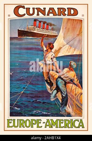 1920's Vintage Cunard Steamer Poster Cruise ship Ocean Liner four funnels 'CUNARD, EUROPE-AMERICA' lithograph in colours, c.1920, printed by Turner & Dunnett Ltd., London, by artist designer Odin Rosenvinge (1880-1957) Young men sailors wave to Cunard Ocean Liner as they furl sails on their traditional sail boat Stock Photo