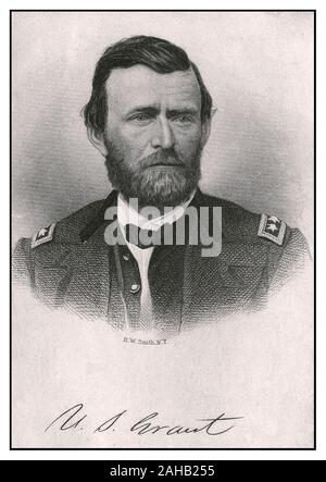 Vintage signed portrait of General Ulysses S. Grant in Union Army uniform  (born Hiram Ulysses Grant; (April 27, 1822 – July 23, 1885) was an American soldier and politician who served as the 18th president of the United States from 1869 to 1877. Before his presidency, General Grant led the Union Army in winning the American Civil War. Political Americana Figure: Grant, Ulysses S. American (1822-1885), General, Political Party Republican Stock Photo