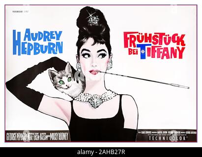 German Film Movie poster for 'Breakfast At Tiffany's' (1961). German artist Bruno Rehak adapted the Robert McGinnis American poster design but with head and shoulders rather than the full-length image of Audrey Hepburn.Also starring George Peppard Patricia Neal Buddy Ebsen Martin Balsam Mickey Rooney Directed by George Axelrod Stock Photo