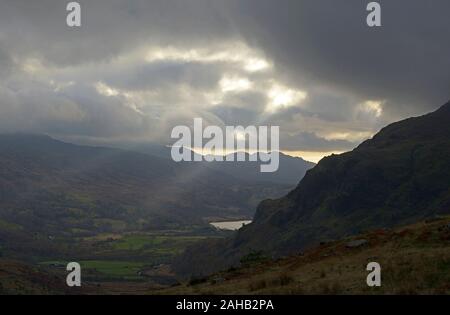 Snowdon on right, looking down from Llanberis Pass, to Llyn Gwynant, Wales. Stock Photo