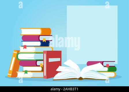 Vector of an open book and pile of books on blue background Stock Vector