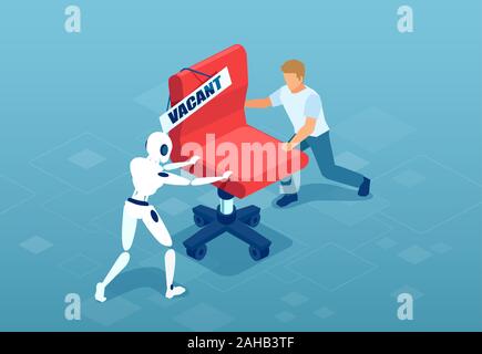 Vector of a robot and a man fighting over for chair, vacant job position. Stock Vector