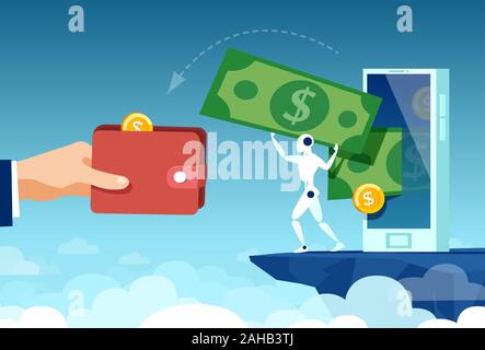 Vector of a robot transfering money from smartphone to a businessman wallet. Stock Vector