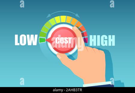 Vector of a business man hand turning cost dial to a low position, reducing expenses Stock Vector