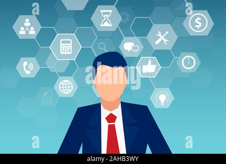 Vector of a businessman communicating in a computer network, multitasking surrounded by interface icons Stock Vector