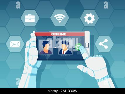 Vector of a robot ai providing customer, chatbot operator service to networking  people. Stock Vector