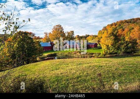 Farm buildings in a rural landscape on fall morning. Beautiful autumn colours. Stock Photo