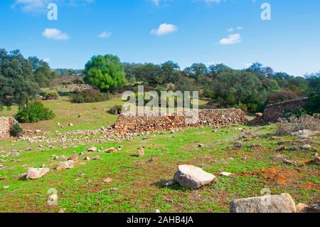 Old brown brick wall on the green country field, white big stones, small forest, white clouds in a blue sky. Sunny autumn day in Seville, Spain Stock Photo