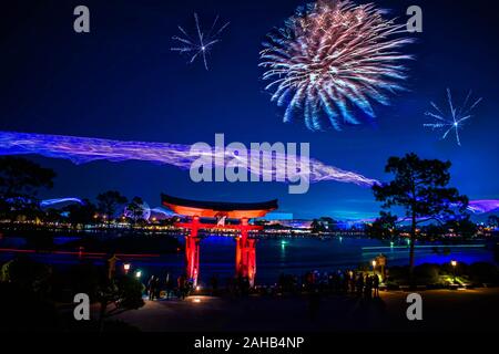 Orlando, Florida . December 18, 2019. Spectacular view of Epcot Forever fireworks and Japan arch in Walt Disney World Stock Photo