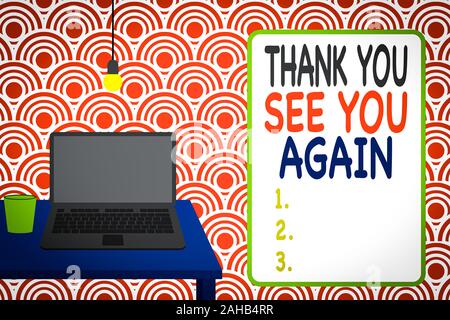 Conceptual hand writing showing Thank You See You Again. Concept meaning Appreciation Gratitude Thanks I will be back soon Front view laptop lying on Stock Photo