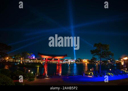 Orlando, Florida. December 18, 2019. Panoramic view of Japan arch and blue light rays at Epcot Stock Photo