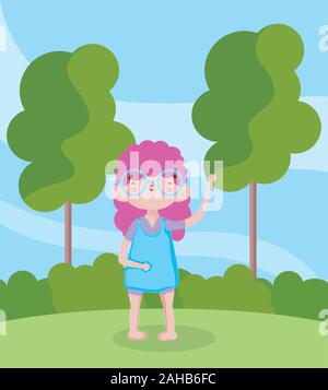 childrens day, little girl with glasses and curly hair in the park vector illustration Stock Vector