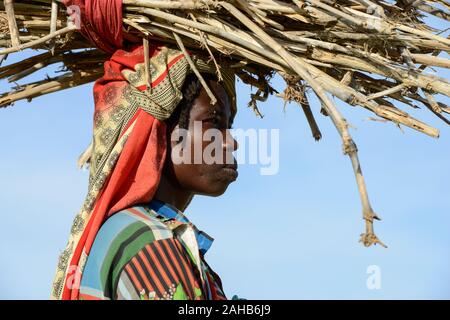 CHAD, Goz Beida, refugee camp Djabal for refugees from Darfur, Sudan, woman carry firewood / TSCHAD, Goz Beida, Fluechtlingslager Djabal fuer Fluechtlinge aus Darfur, Sudan Stock Photo