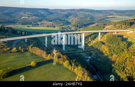 Aerial photo, highest motorway bridge in North Rhine-Westphalia, motorway extension A46, connection Bestwig and Olsberg with motorway bridge Nuttlar, Stock Photo