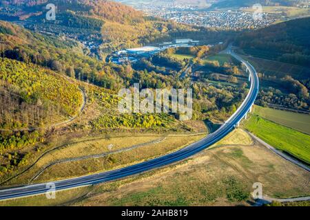 Aerial view, connection between end of motorway A46 and federal road B7, extension of motorway A46, connection Bestwig and Olsberg with motorway bridg Stock Photo