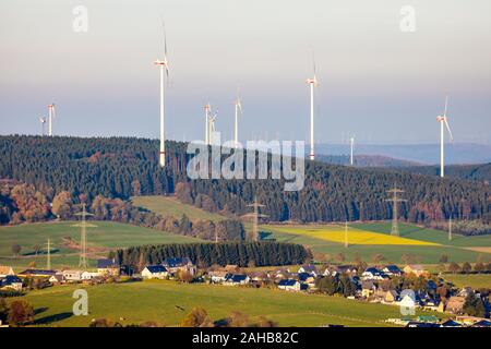 aerial photo, wind turbines, Goldbachtal, Brilon, Sauerland, North Rhine-Westphalia, Germany, DE, Europe, birds-eyes view, aerial photo, aerial photog Stock Photo