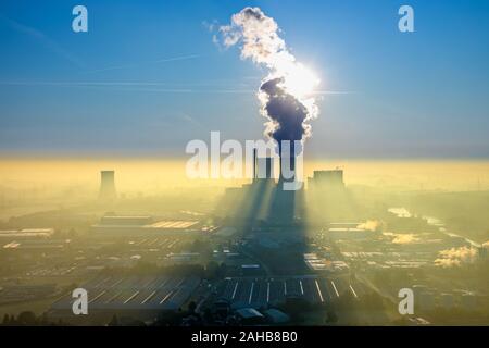 Aerial photo, coal-fired power plant Westfalen of RWE, morning impression, back light with blue sky and power plant smoke, cooling tower, THTR, former Stock Photo