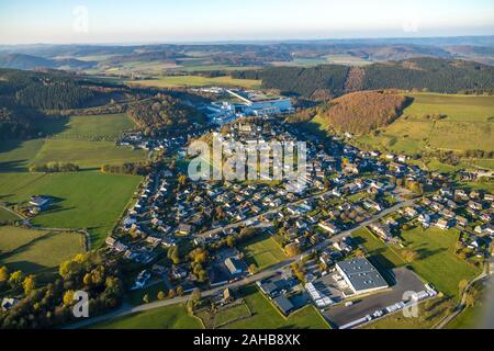 Aerial photograph, Brewery C.& A. VELTINS GmbH & Co. KG, Village view Grevenstein with church St. Antonius Einsiedler, Grevenstein, Meschede, Sauerlan Stock Photo