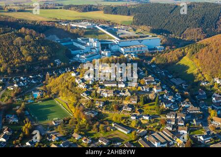 Aerial photograph, Brewery C.& A. VELTINS GmbH & Co. KG, Village view Grevenstein with church St. Antonius Einsiedler, Grevenstein, Meschede, Sauerlan Stock Photo