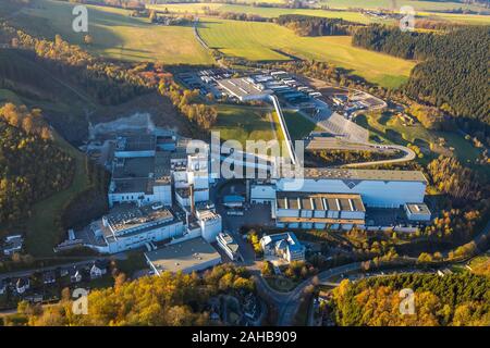 Aerial photograph, Brewery C.& A. VELTINS GmbH & Co. KG, with extension construction site, Grevenstein, Meschede, Sauerland, North Rhine-Westphalia, G Stock Photo