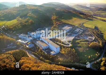 Aerial photograph, Brewery C.& A. VELTINS GmbH & Co. KG, with extension construction site, Grevenstein, Meschede, Sauerland, North Rhine-Westphalia, G Stock Photo