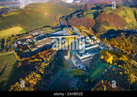 Aerial photograph, Brewery C.& A. VELTINS GmbH & Co. KG, with extension construction site, Grevenstein, Meschede, Sauerland, North Rhine-Westphalia, G Stock Photo