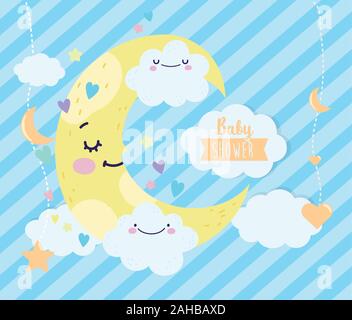 baby shower cute half moon clouds hearts cartoon vector illustration Stock Vector