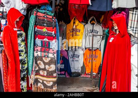 Clothing stall featuring London branded hoodies in Camdem Market, London, UK. Stock Photo