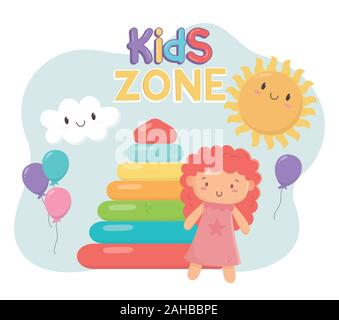 kids zone, rubber pyramid and pink little doll toys vector illustration Stock Vector