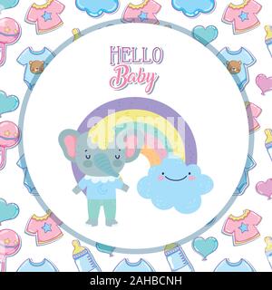 baby shower cute elephant rainbow with clouds cartoon vector illustration Stock Vector