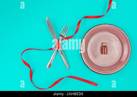 Romantic table setting for Valentines day or dinner date celebration wedding. Valentines day concept. Top view Stock Photo