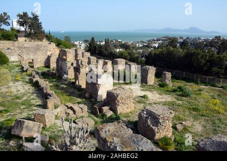 The old Punic (Carthaginian) archaeological ruins at Byrsa Hill in the posh Tunis suburb of Carthage, on the Mediterranean coast of Tunisia. Stock Photo